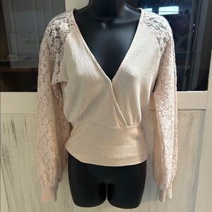 Anthropologie Cream Lace-Sleeve Wrap Ribbed Pullover